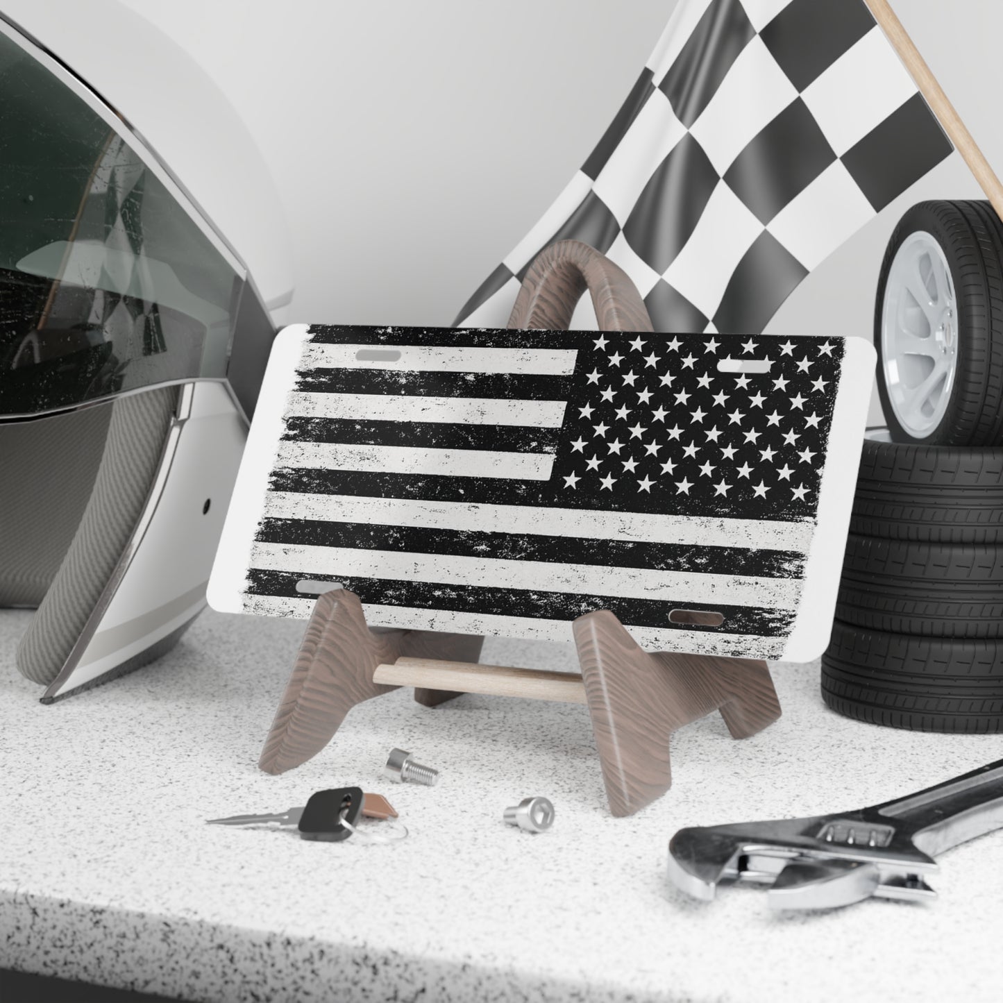 Distressed American Flag Vanity Plate | Black White Metal License Plate
